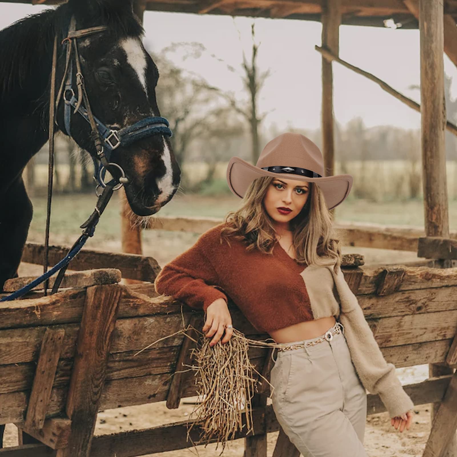 Men Women Felt Wide Brim Vintage Western Cowboy Hats Pinch Front Cowgirl Hat with Belt Khaki