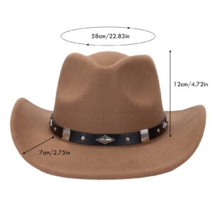 Men Women Felt Wide Brim Vintage Western Cowboy Hats Pinch Front Cowgirl Hat with Belt Khaki