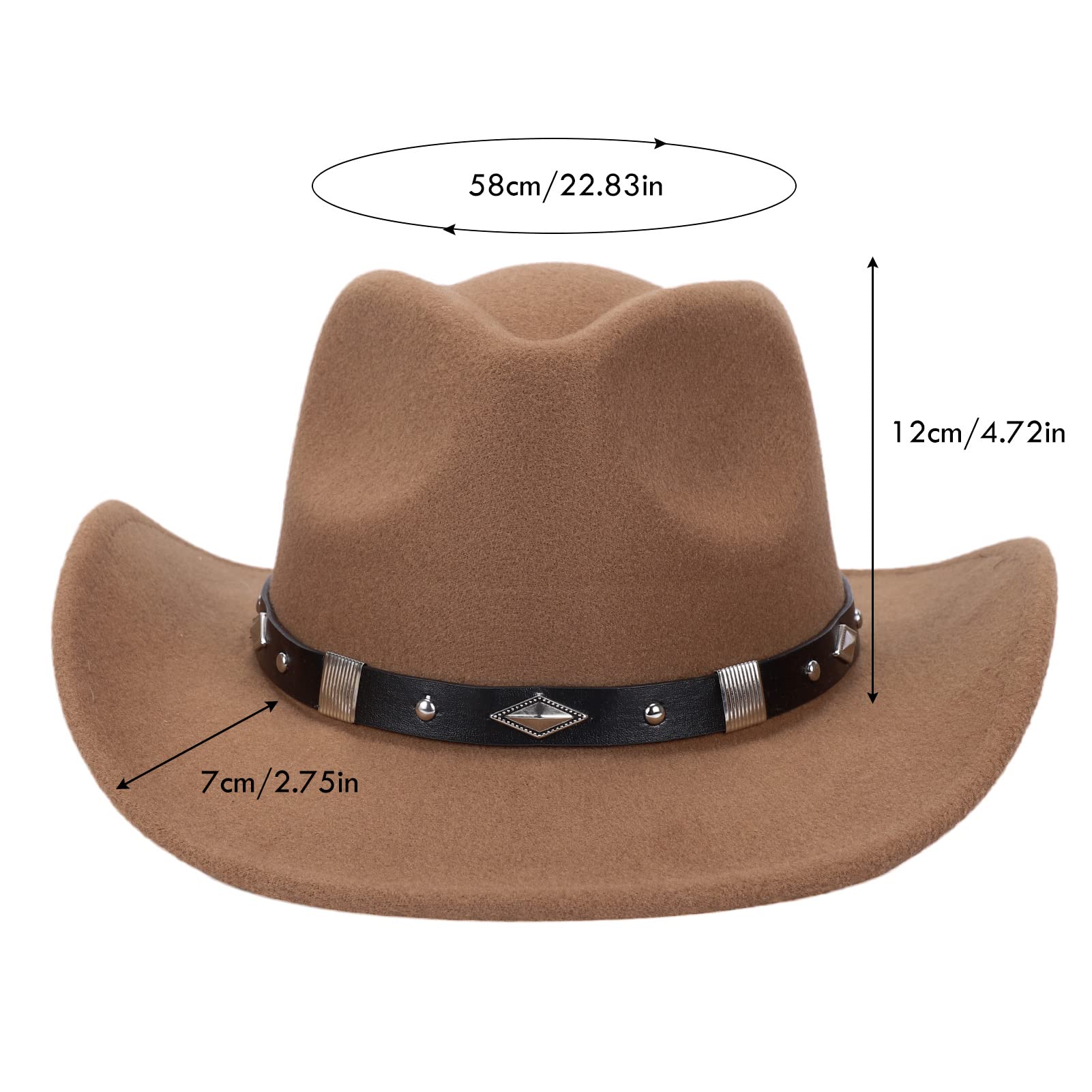 Men Women Felt Wide Brim Vintage Western Cowboy Hats Pinch Front Cowgirl Hat with Belt Khaki