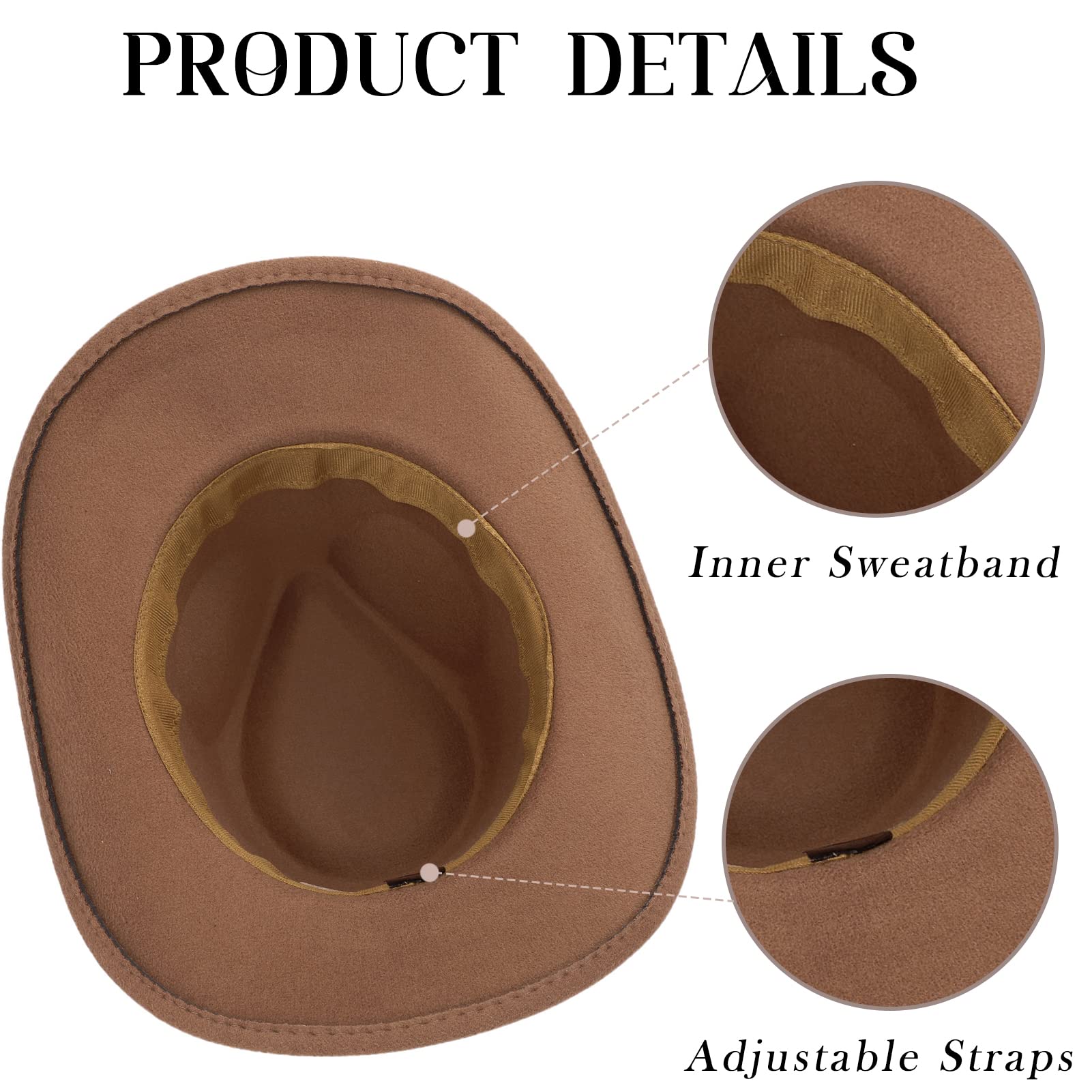 Men Women Felt Wide Brim Vintage Western Cowboy Hats Pinch Front Cowgirl Hat with Belt Khaki