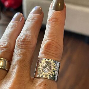 Ladies Vintage Sunflower Engagement Ring Engraved Two Tone Stainless Steel Bridal Wedding Band for Her (A, 9)