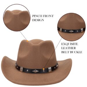 Men Women Felt Wide Brim Vintage Western Cowboy Hats Pinch Front Cowgirl Hat with Belt Khaki