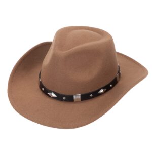 Men Women Felt Wide Brim Vintage Western Cowboy Hats Pinch Front Cowgirl Hat with Belt Khaki