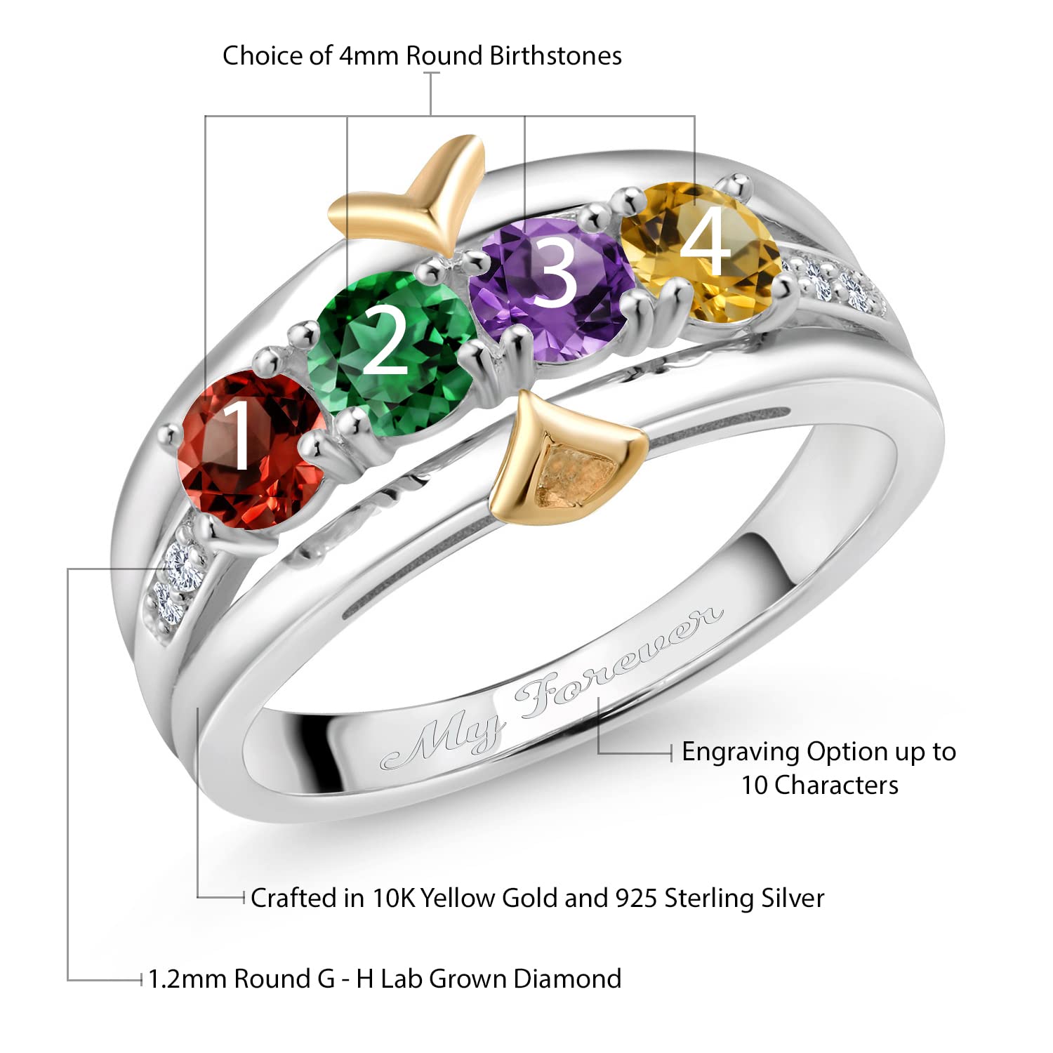 Gem Stone King 925 Silver and 10K Yellow Gold Plated Build your Own Personalized 4 Stone Round Birthstones and White Lab Grown Diamond Women Ring (Size 7)