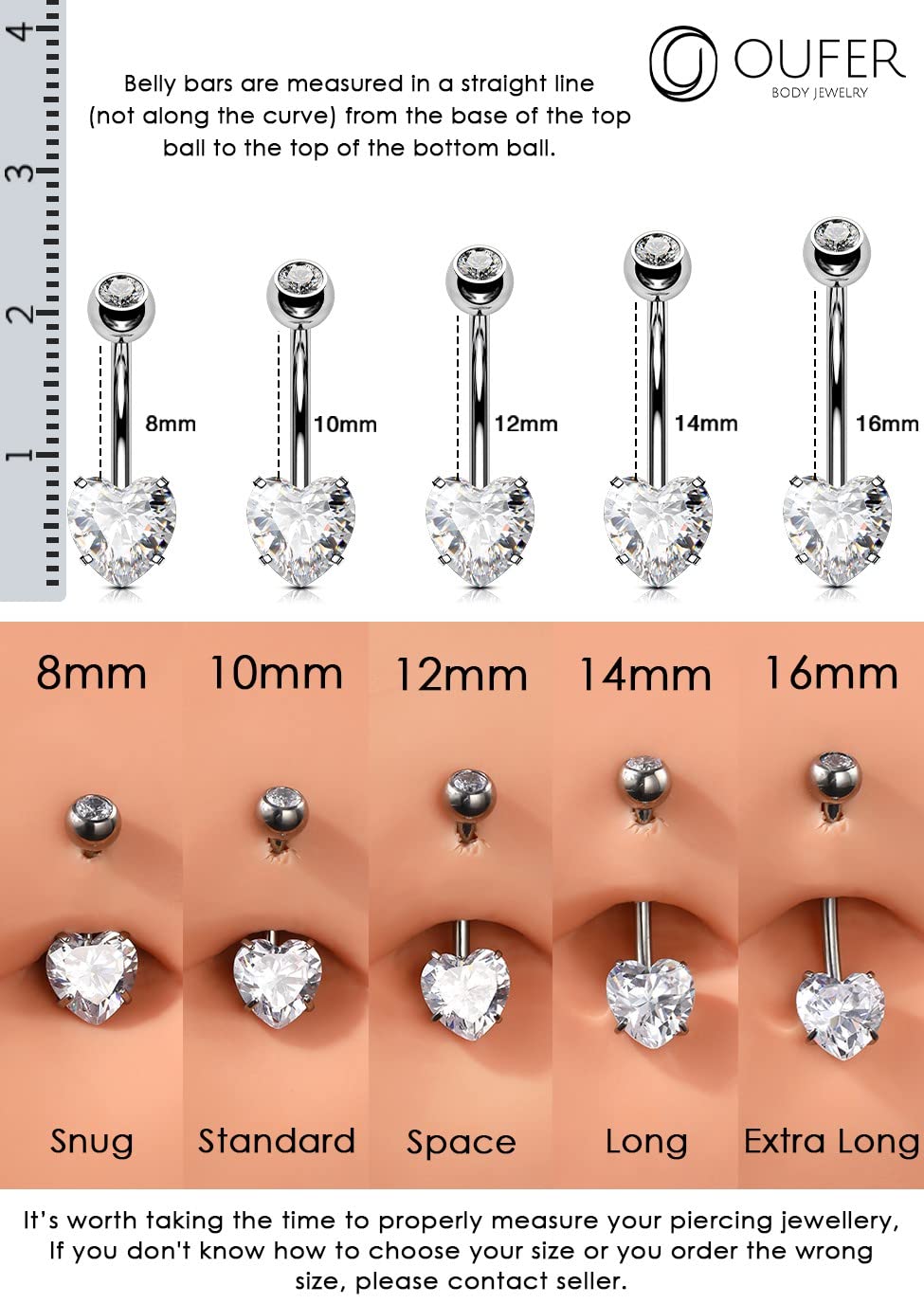 OUFER 14G Belly Rings, Long Belly Button Rings, G23 Solid Titanium Belly Piercing Jewelry, Heart Shaped Navel Piercing Jewelry, Belly Rings for Women Men-16mm