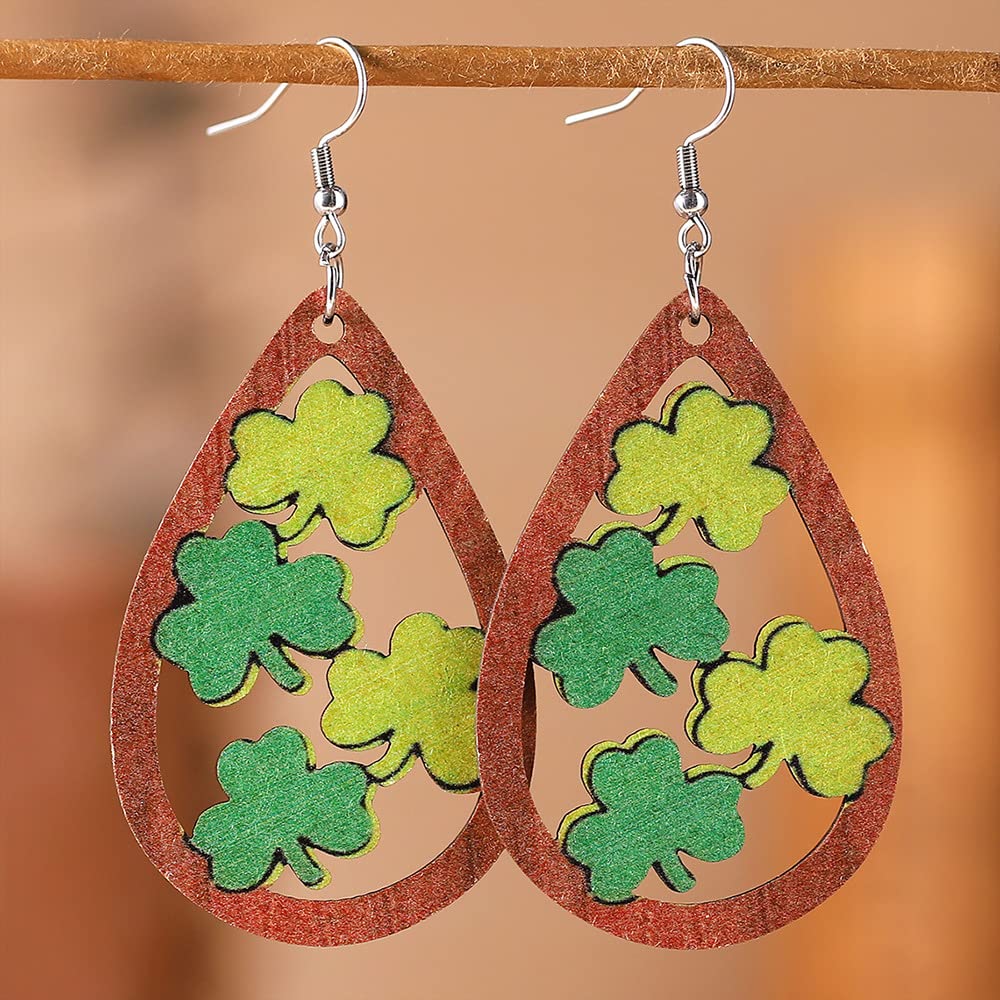 St. Patrick's Day Earrings Irish Wooden Dangle Earrings Green Clover Drop Earrings for Women (B)