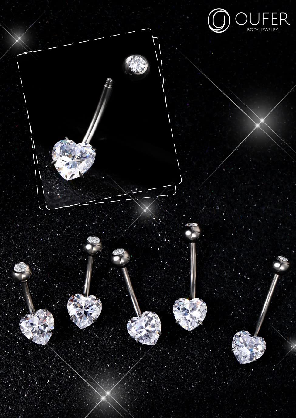 OUFER 14G Belly Rings, Long Belly Button Rings, G23 Solid Titanium Belly Piercing Jewelry, Heart Shaped Navel Piercing Jewelry, Belly Rings for Women Men-16mm