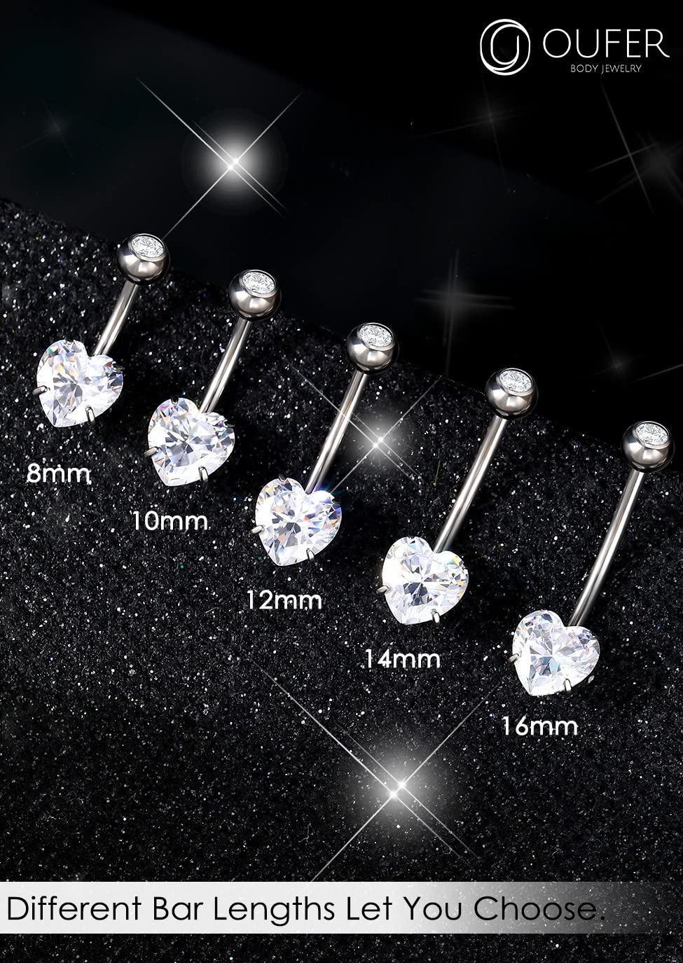 OUFER 14G Belly Rings, Long Belly Button Rings, G23 Solid Titanium Belly Piercing Jewelry, Heart Shaped Navel Piercing Jewelry, Belly Rings for Women Men-16mm