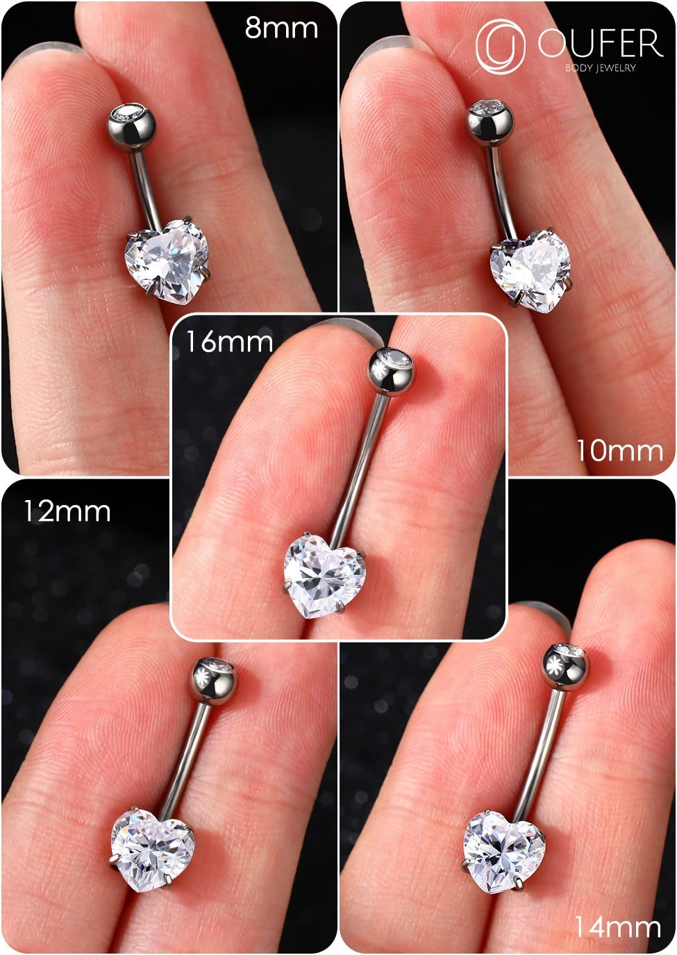 OUFER 14G Belly Rings, Long Belly Button Rings, G23 Solid Titanium Belly Piercing Jewelry, Heart Shaped Navel Piercing Jewelry, Belly Rings for Women Men-16mm