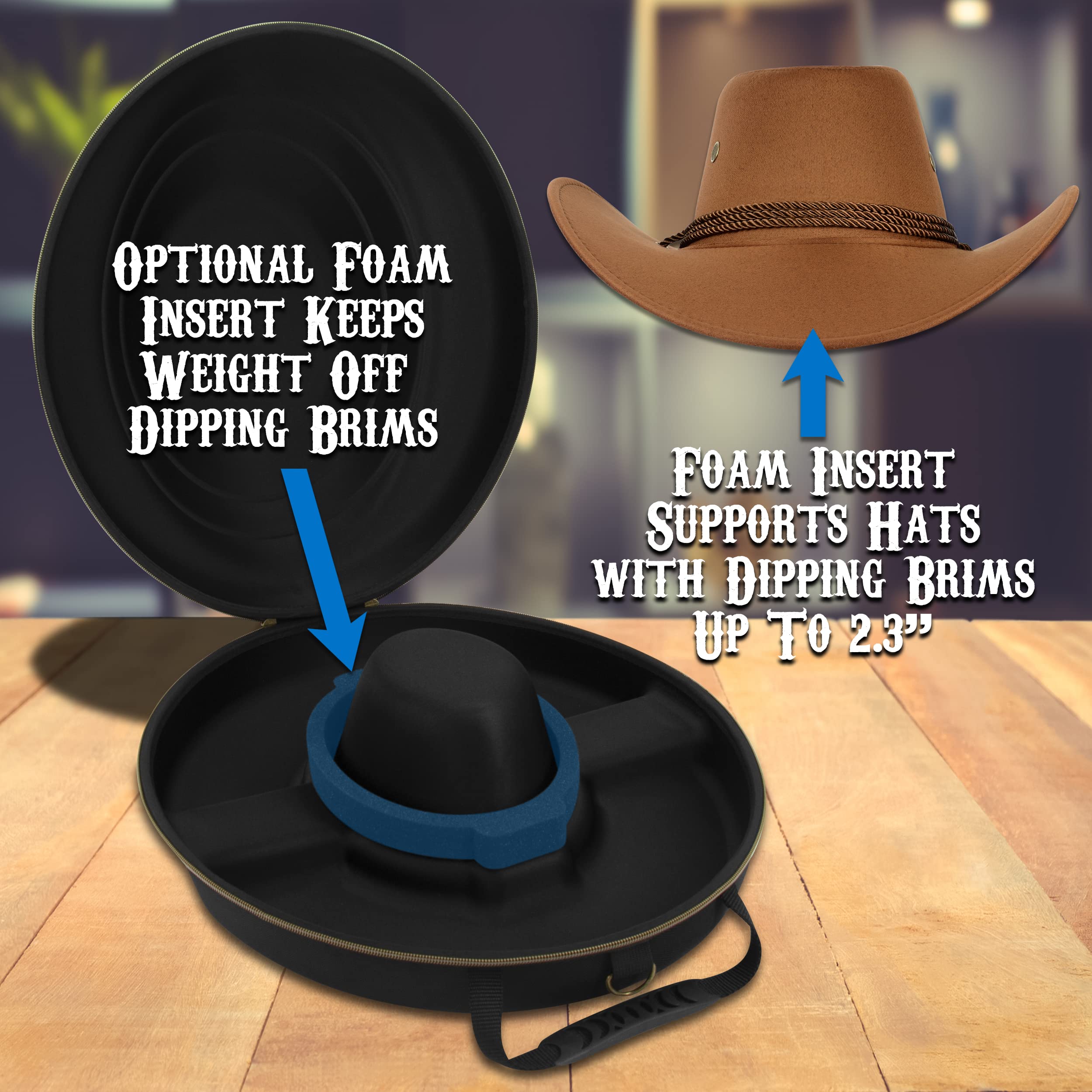 CASEMATIX Cowboy Hat Box and Portable Cowboy Hat Storage for Brims Up To 4.75" - Hard Shell Cowboy Hat Case with Carry Strap, ID Slot and Foam Insert for Dipping Brims