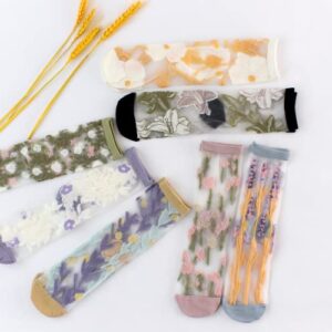 Alafime Coquette Aesthetic Socks Sheer Socks Mesh Socks Women 7 Pairs Kawaii Embroidered Florals Y2K Fulle Tube Socks (6pairs)