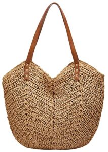 straw bags for women summer beach woven tote hobo handbag casual straw shoulder bags for travel vocation khaki free