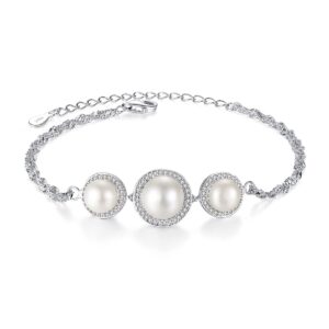 Red Lychee Freshwater Cultured Pearl Bracelet for Women Wedding Platinum Plated Sterling Silver Pearl Bracelets Genuine White Pearls Simulated Diamond Bracelet Link 7”+2"