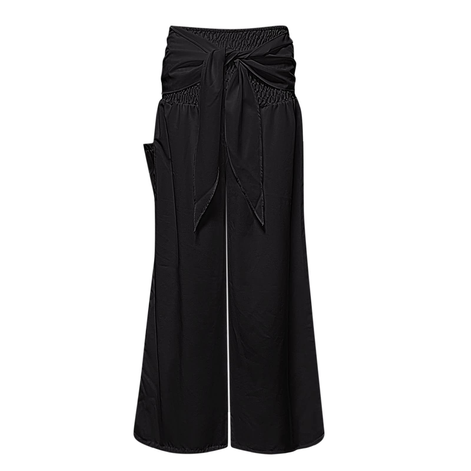 Women Plus Size Boho Pants Vintage Casual Yoga Stretchy Wide Leg Fold Over High Waist Trousers with (Black-A, XXL)