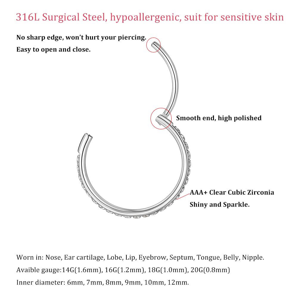 REDNITY 18G Hinged Nose Ring Hoop Surgical Steel, 18 Gauge Septum Clicker Cartilage Earrings with Clear CZ, Silver, 7mm