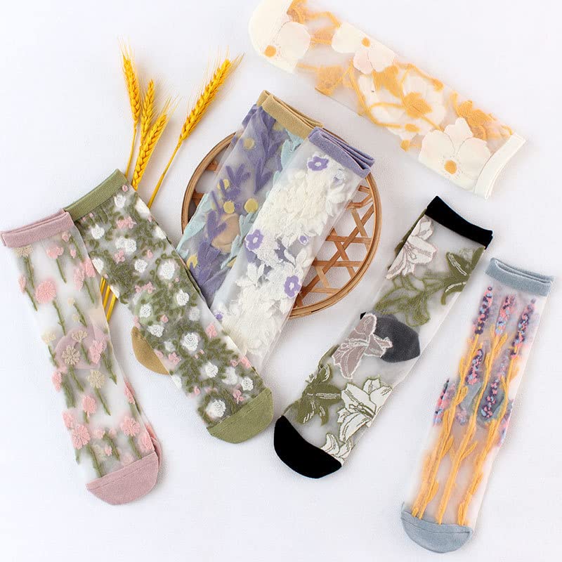 Alafime Coquette Aesthetic Socks Sheer Socks Mesh Socks Women 7 Pairs Kawaii Embroidered Florals Y2K Fulle Tube Socks (6pairs)