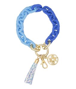 lilly pulitzer chain link keychain bracelet, blue keychain wristlet with tassel, cute key ring bracelet for women, soleil it on me