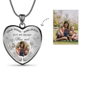 Personalized Memorial Photo Heart Necklace: Silver Customzied Your Own Picture Memory Snake Chain Pendant, Gift for Couples Mother's Father's Valentines Day (ready wings)