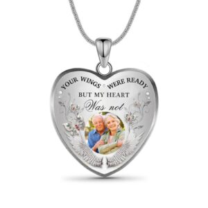 personalized memorial photo heart necklace: silver customzied your own picture memory snake chain pendant, gift for couples mother's father's valentines day (ready wings)