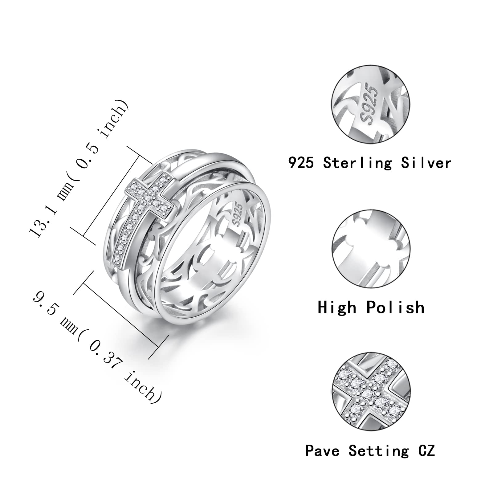 Sterling Silver Cross Fidget Ring Fidget Spinning Meditation Rings for Women Anti Anxiety Relieving Stress (9)