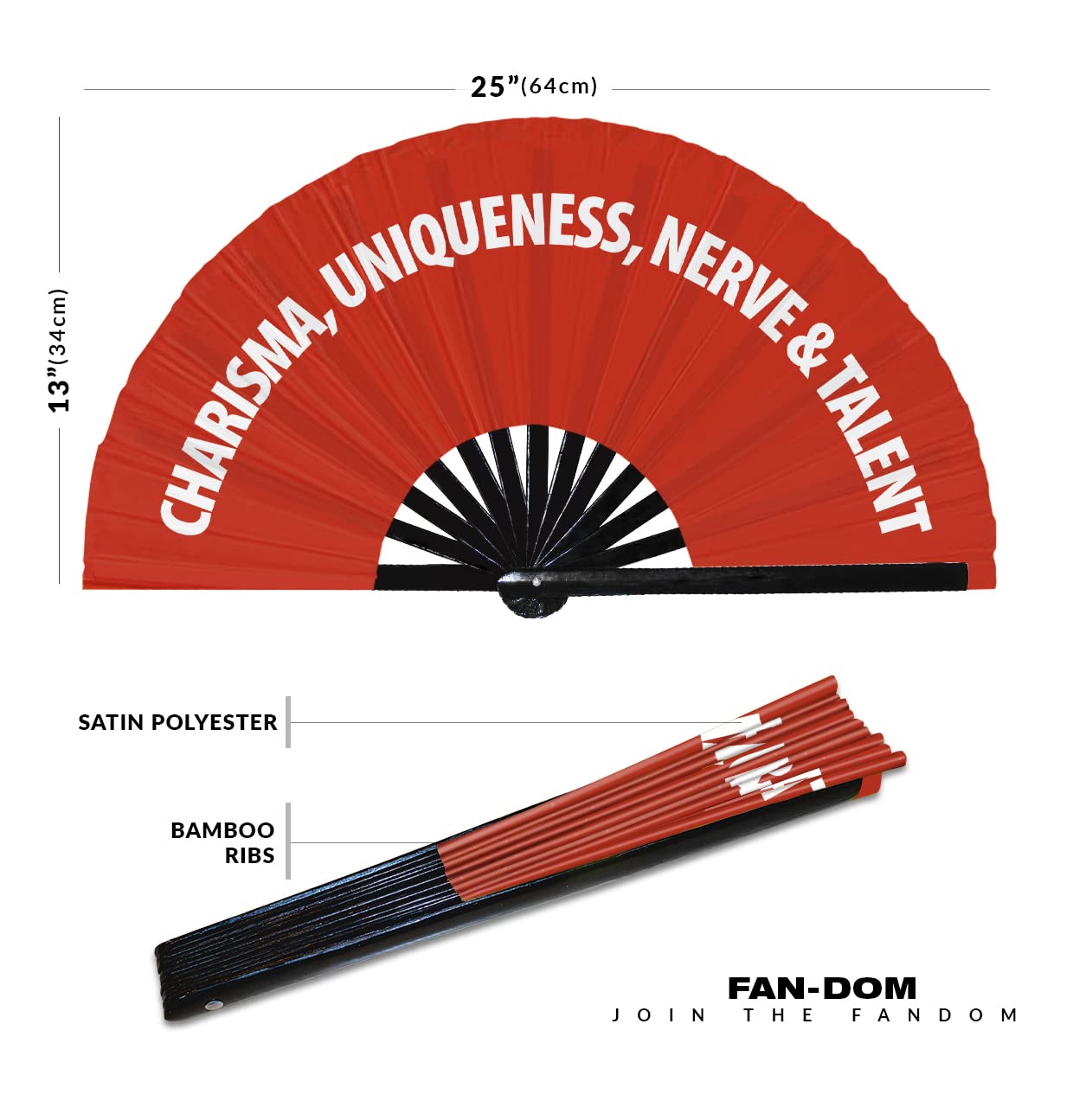 Charisma, Uniqueness, Nerve & Talent Hand Fan Foldable Bamboo Circuit Hand Fan Funny Gag Slang Words Gifts Festival Accessories Rave Handheld Circuit Event Fan Clack Fans (Red)