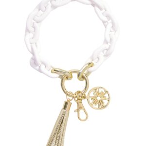 Lilly Pulitzer Chain Link Keychain Bracelet, Keychain Wristlet with Tassel, Cute Key Ring Bracelet for Women, White/Gold