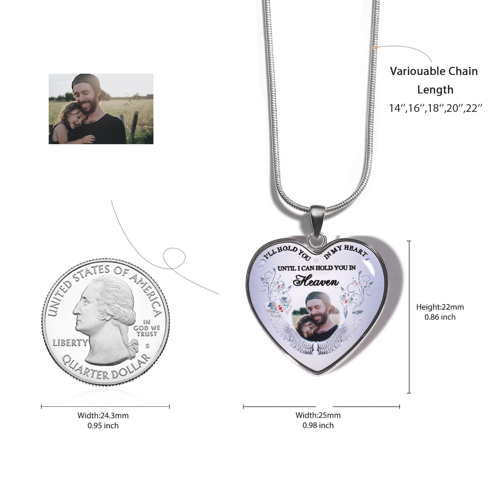 Personalized Memorial Photo Heart Necklace: Silver Customzied Your Own Picture Memory Snake Chain Pendant, Gift for Couples Mother's Father's Valentines Day (ready wings)