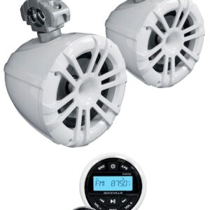 Pair Memphis Audio MXA82TW 8" Marine Wakeboard Tower Speakers/LED+Swivel White Bundle with Rockville RGHR2 Marine Gauge Hole Receiver (2 Items)