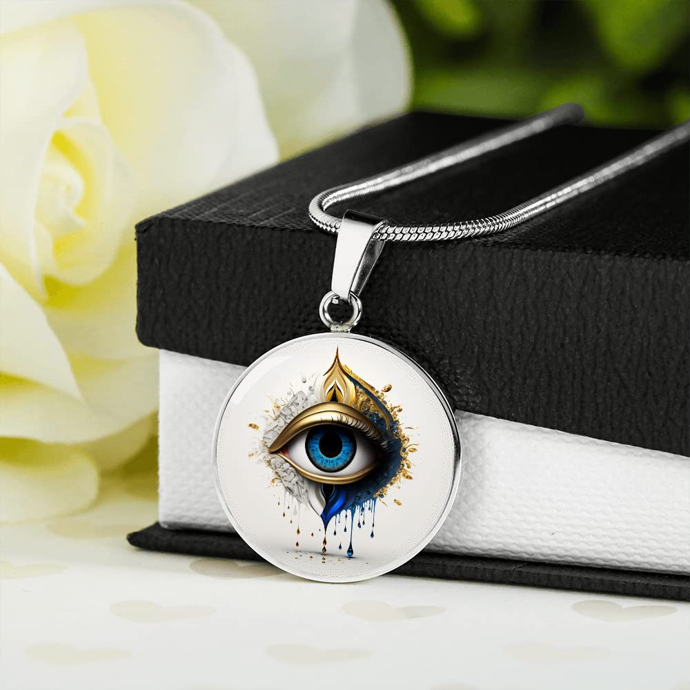 Hilis Jewelry Evil Eye Necklace For Women Protection, Spiritual Jewelry, Personalized Gifts Glass Pendant Charm Engraved Gold or Silver (Silver -No Engraving, Stainless Steel)