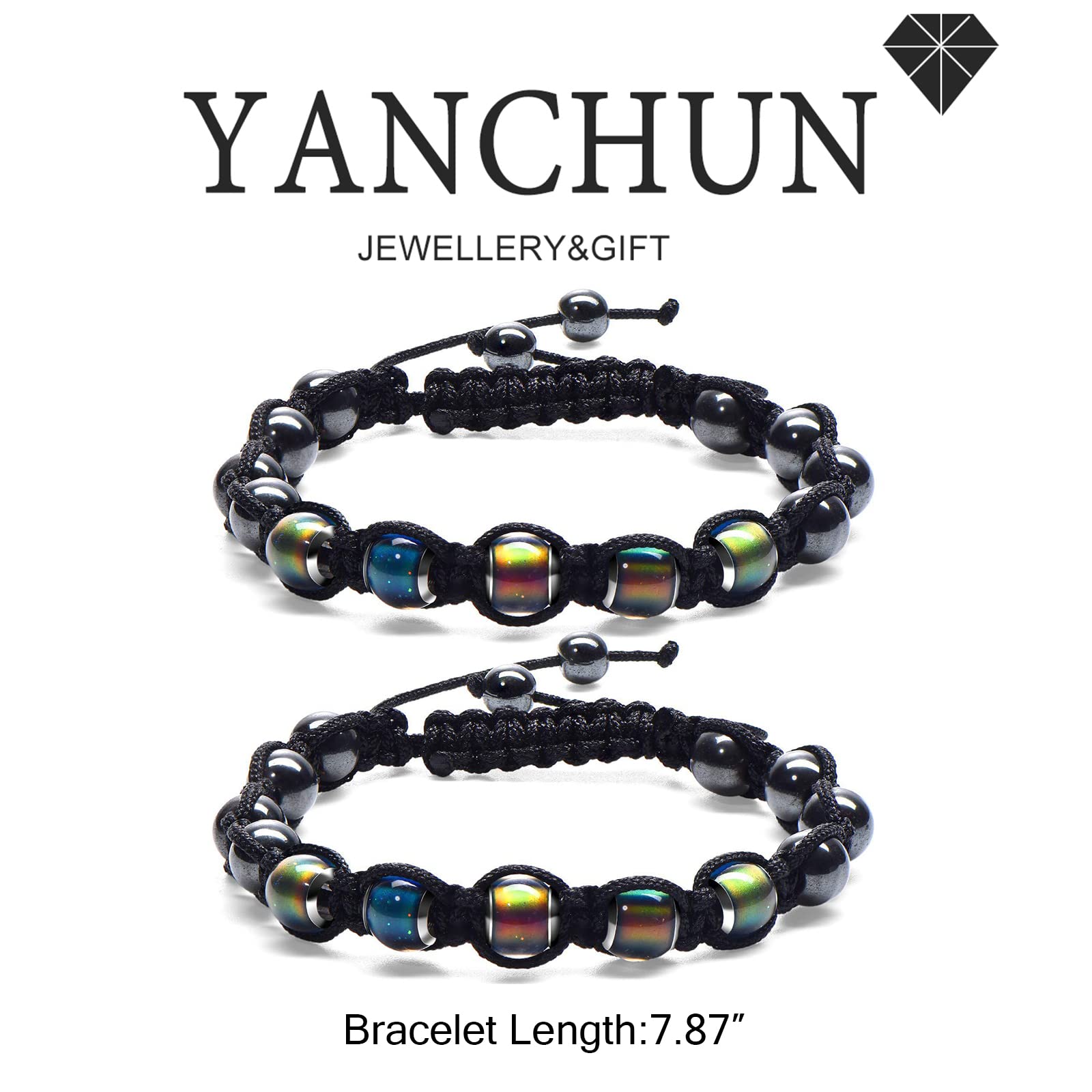 YANCHUN 2 PCS Mood Bracelets for Women Reiki Healing Bracelet Color Changing Beads Bracelet Adjustable Dazzling Shimmer Color Changing Beads Stress Relief Yoga Beads Bracelet for Men Women