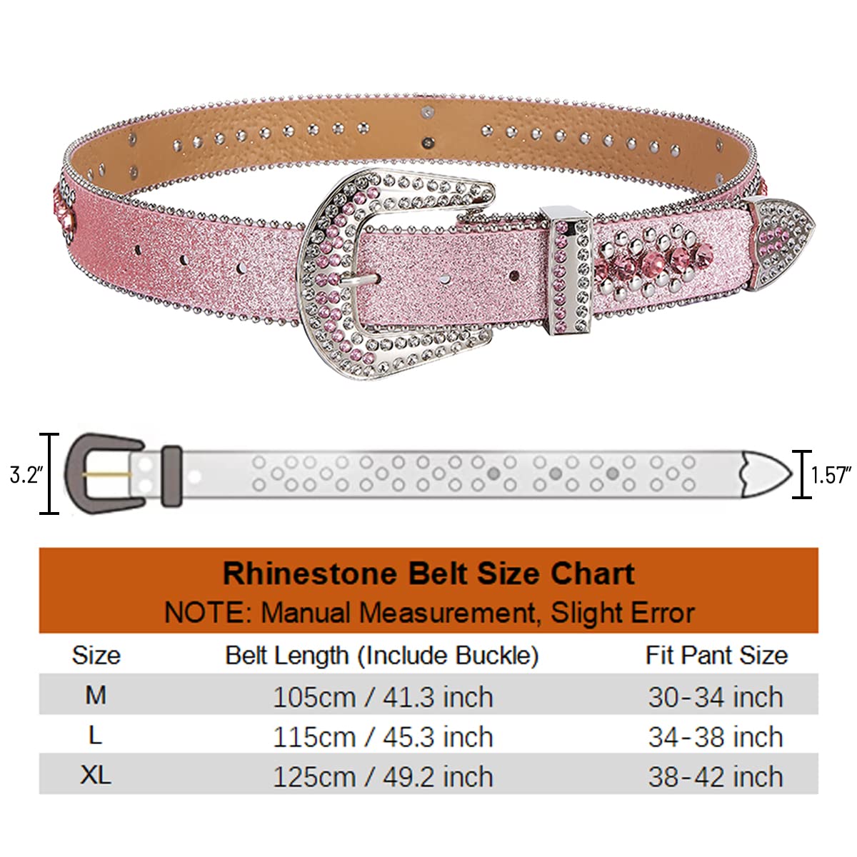 Rhinestone Belt for Men and Women, Western Cowgirl Cowboy Bling Studded Diamond Belt Faux Leather Belt for Jeans Pants Dress (Pink, Size L)