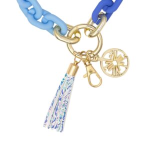 Lilly Pulitzer Chain Link Keychain Bracelet, Blue Keychain Wristlet with Tassel, Cute Key Ring Bracelet for Women, Soleil It On Me