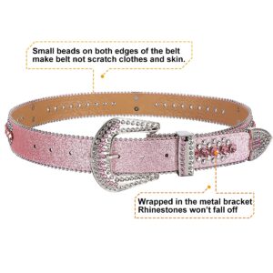 Rhinestone Belt for Men and Women, Western Cowgirl Cowboy Bling Studded Diamond Belt Faux Leather Belt for Jeans Pants Dress (Pink, Size L)