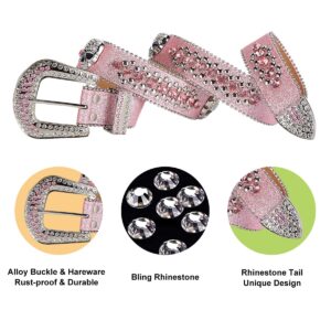 Rhinestone Belt for Men and Women, Western Cowgirl Cowboy Bling Studded Diamond Belt Faux Leather Belt for Jeans Pants Dress (Pink, Size L)