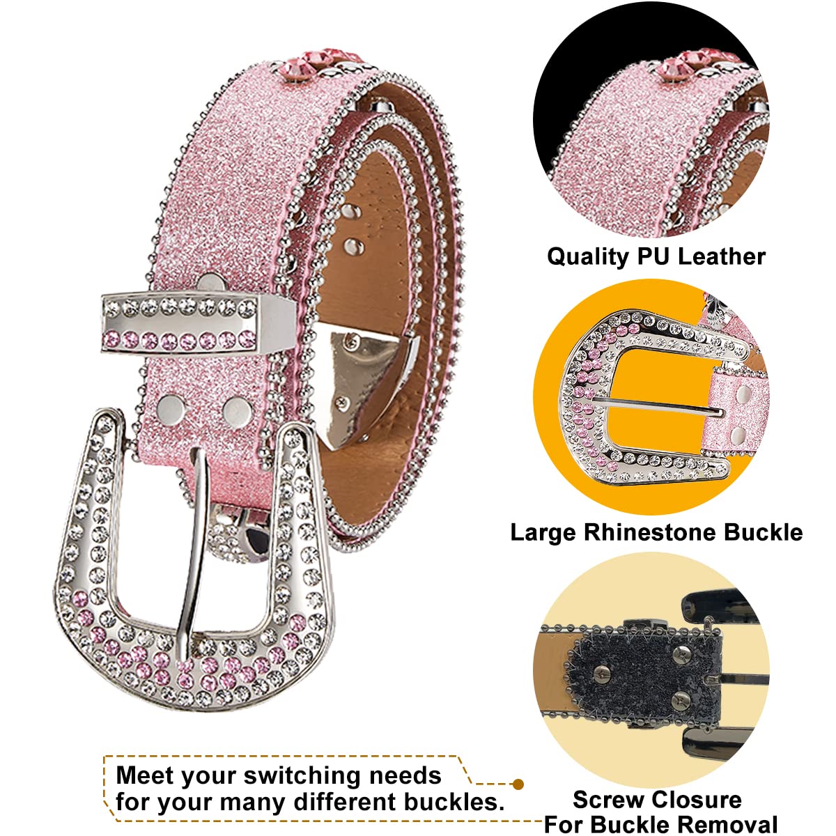 Rhinestone Belt for Men and Women, Western Cowgirl Cowboy Bling Studded Diamond Belt Faux Leather Belt for Jeans Pants Dress (Pink, Size L)