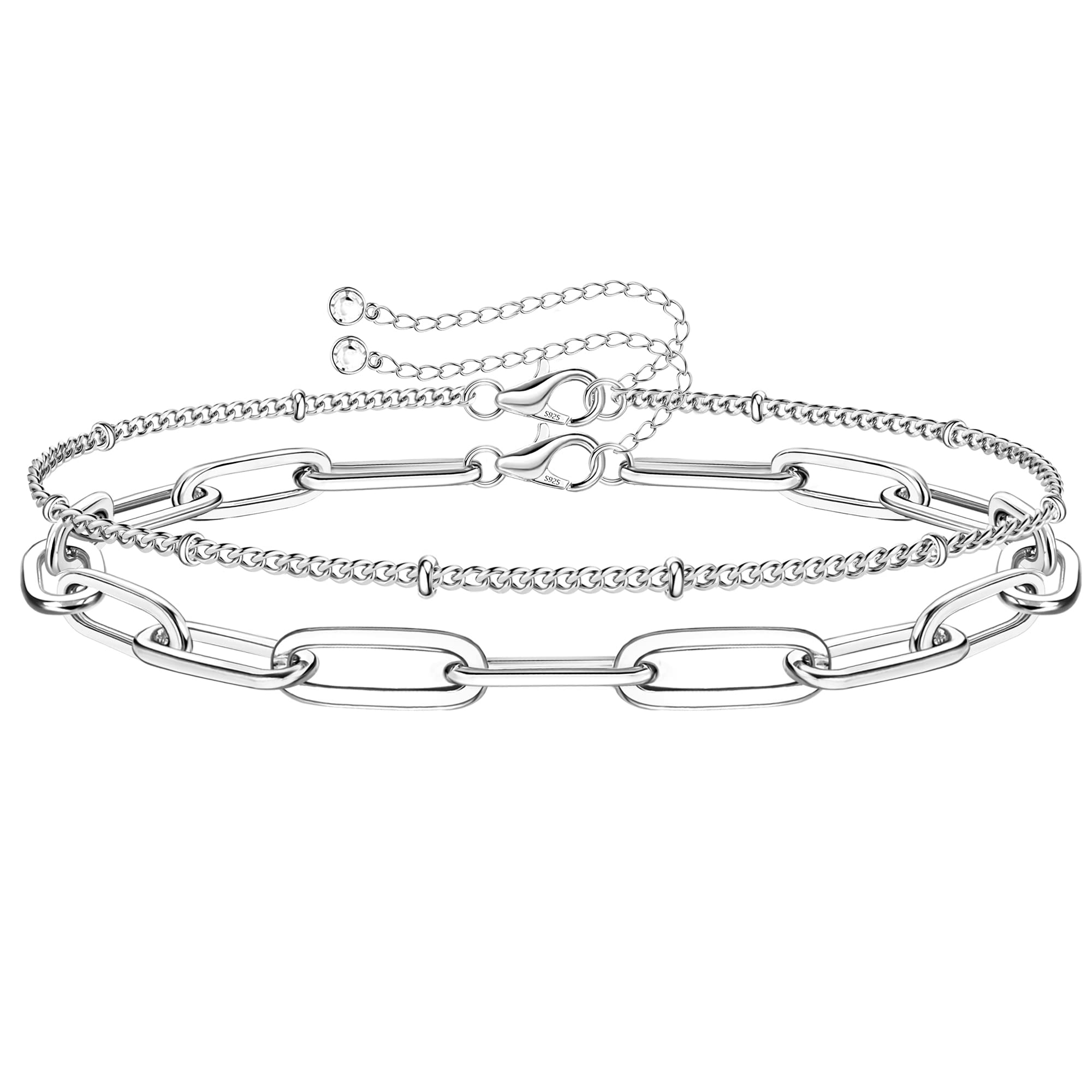 MILACOLATO 925 Sterling Silver Clasp Paperclip Chain Bracelets 14K White Gold Plated Solid Paperclip Chain Women Bracelet Adjustable Layered Satellite Beads Bracelets for Women