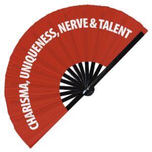 charisma, uniqueness, nerve & talent hand fan foldable bamboo circuit hand fan funny gag slang words gifts festival accessories rave handheld circuit event fan clack fans (red)