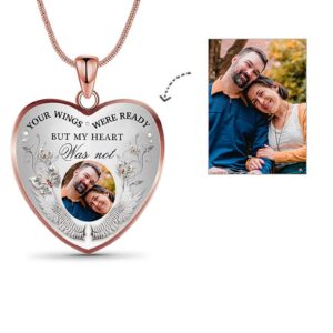 Personalized Memorial Photo Heart Necklace: Silver Customzied Your Own Picture Memory Snake Chain Pendant, Gift for Couples Mother's Father's Valentines Day (ready wings)