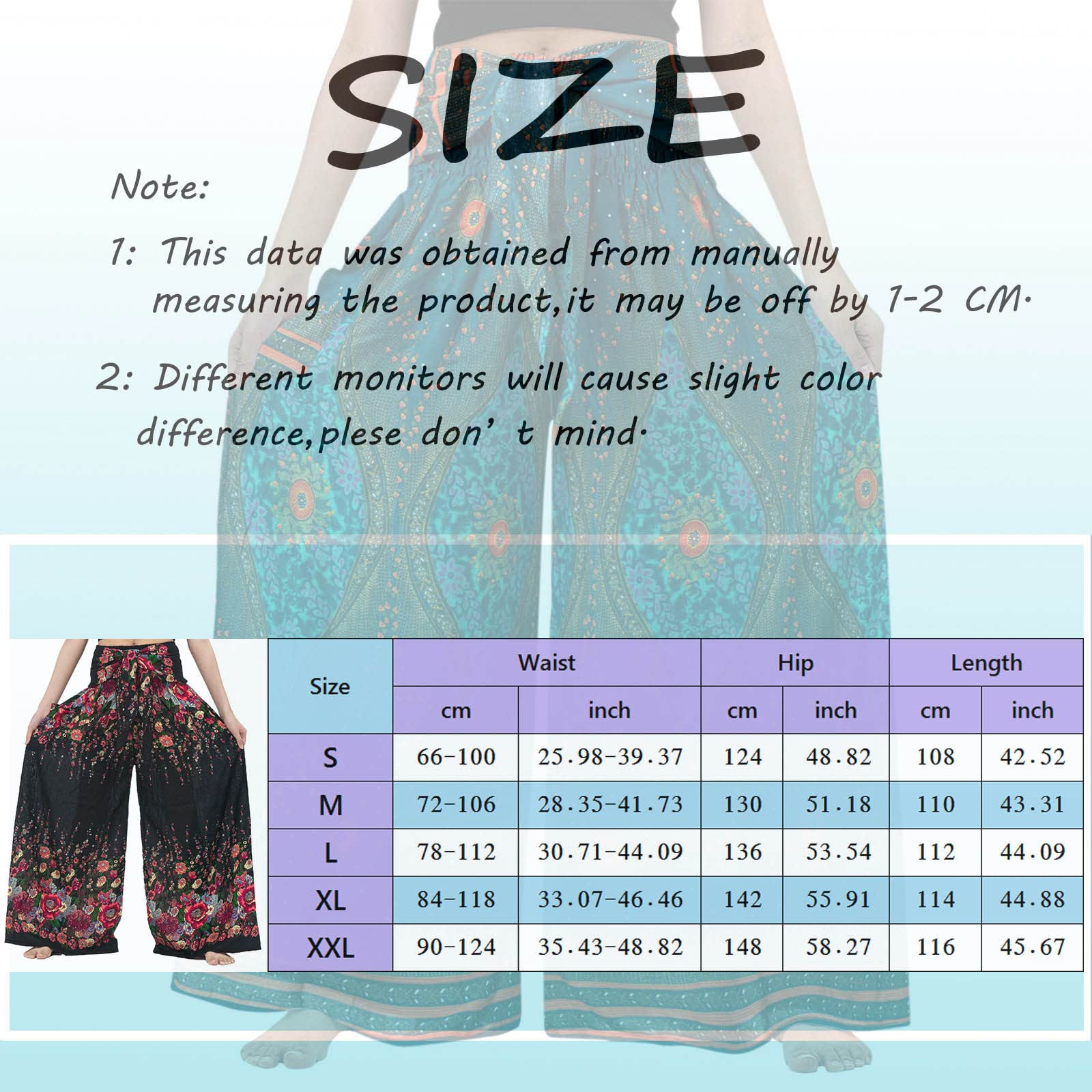 Women Plus Size Boho Pants Vintage Casual Yoga Stretchy Wide Leg Fold Over High Waist Trousers with (Black-A, XXL)