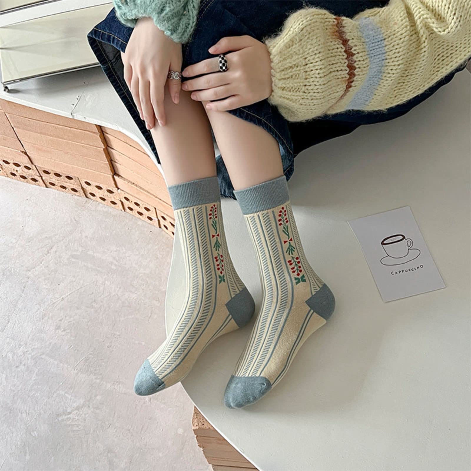 ZINDE 6 Pairs Soft Cotton Socks for Women Girls Thick Knit Boots Breathable Cute Vintage Above Ankle Crew Socks Set (6 Pairs-01)