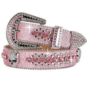 rhinestone belt for men and women, western cowgirl cowboy bling studded diamond belt faux leather belt for jeans pants dress (pink, size l)