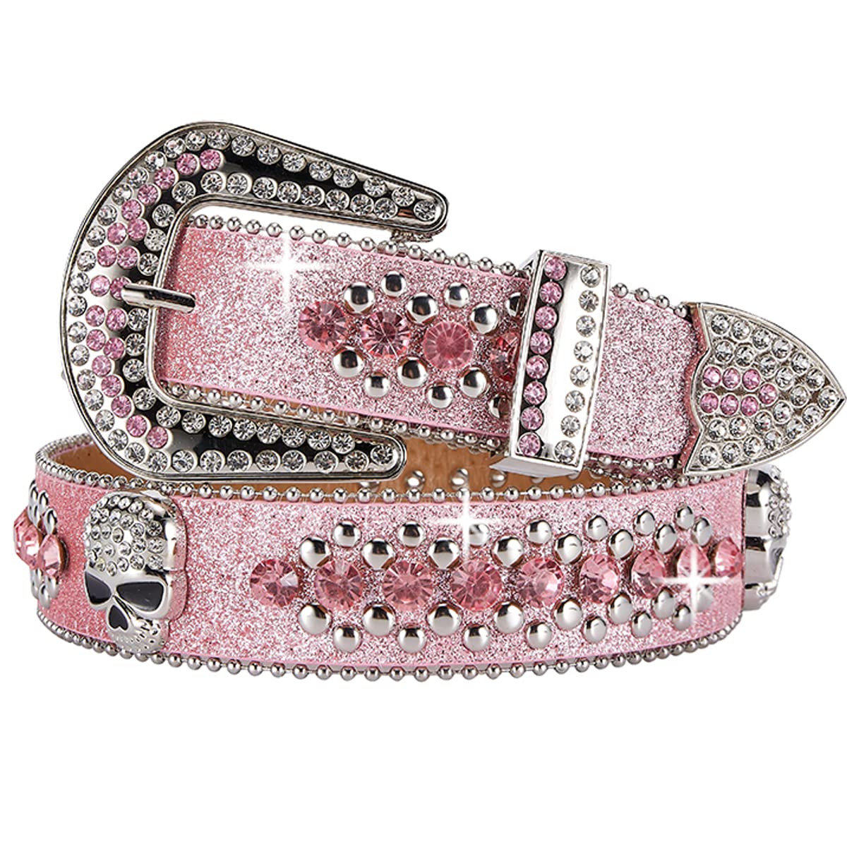 Rhinestone Belt for Men and Women, Western Cowgirl Cowboy Bling Studded Diamond Belt Faux Leather Belt for Jeans Pants Dress (Pink, Size L)