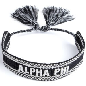 sorority shop alpha phi bracelet — woven bracelet, black and white design with ap sorority name and tassels, greek sorority jewelry and big little sorority gifts