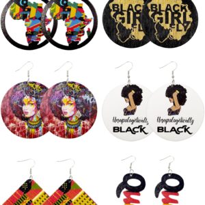 African Earrings for Women Wooden Round Map Painted Drop Earrings for Black Women (Style-A, Wood)