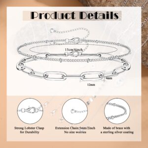 MILACOLATO 925 Sterling Silver Clasp Paperclip Chain Bracelets 14K White Gold Plated Solid Paperclip Chain Women Bracelet Adjustable Layered Satellite Beads Bracelets for Women