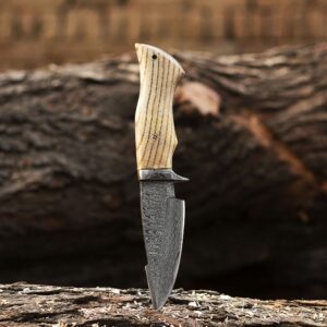 MJ Damascus Skinner knife, Survival Bushcraft knife, Ash wood Handle, Hunting outdoor camping knife, Full Tang Knife. Viking knife Gift for men.