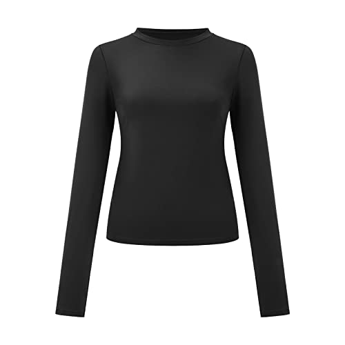 Slimdupe Women Basic Long Sleeve T Shirts Crewneck Slim Fit Solid Pullovers Tees Athletic Tight Crop Top for Workout Long Sleeve Workout Sets for Women Crop Tops Long Sleeve Cropped Top Black