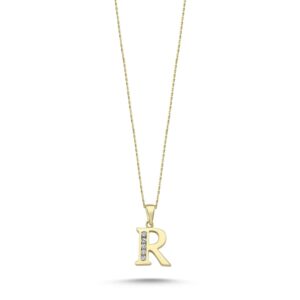 Wish Carat 100% 14k Real Gold Necklace for Women with Zirconia Diamond | Dainty Charm Alphabet Name Letter Initial Necklaces for Women | Pendant Jewelry for Her | Birthday Gifts | 18''