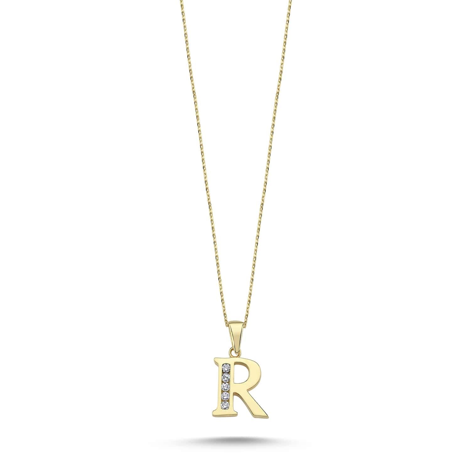 Wish Carat 100% 14k Real Gold Necklace for Women with Zirconia Diamond | Dainty Charm Alphabet Name Letter Initial Necklaces for Women | Pendant Jewelry for Her | Birthday Gifts | 18''