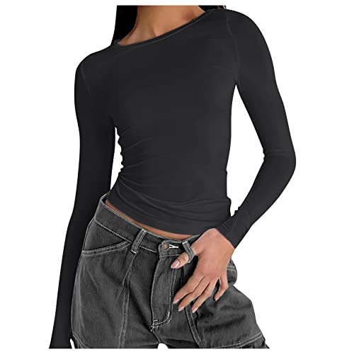 Slimdupe Women Basic Long Sleeve T Shirts Crewneck Slim Fit Solid Pullovers Tees Athletic Tight Crop Top for Workout Long Sleeve Workout Sets for Women Crop Tops Long Sleeve Cropped Top Black